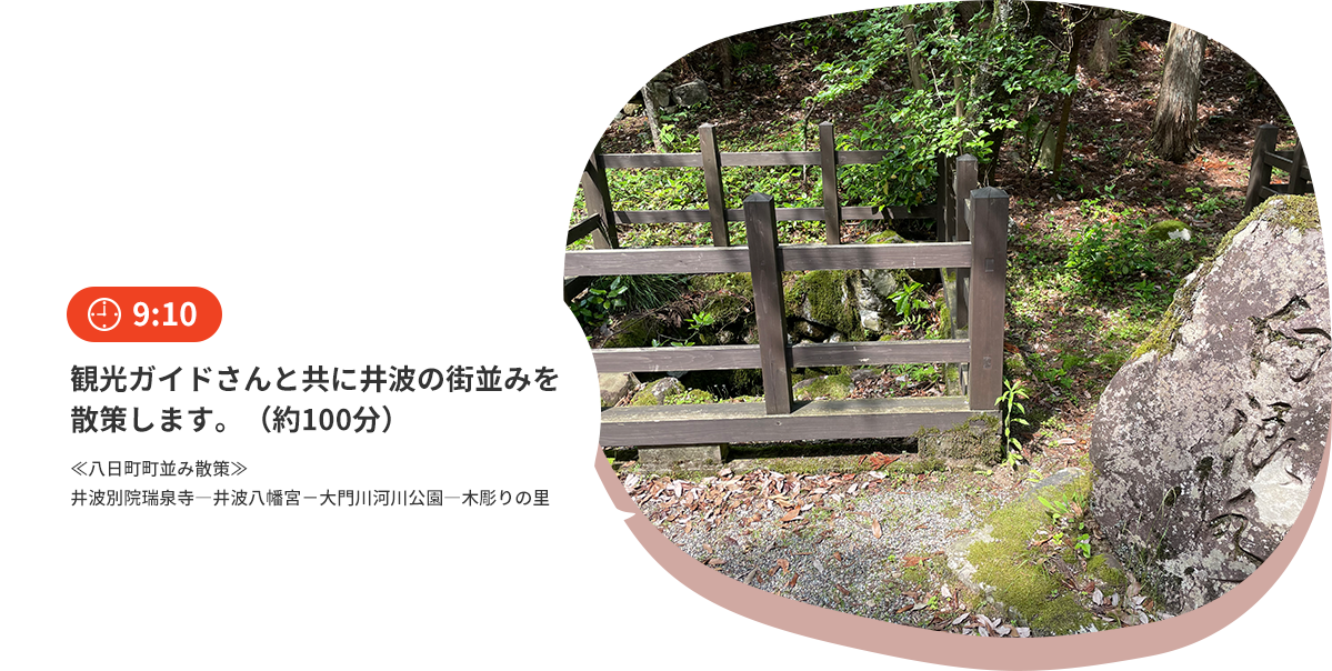 【9:10】観光ガイドさんと共に井波の街並みを散策します。（約100分）：≪八日町町並み散策≫井波別院瑞泉寺―井波八幡宮－大門川河川公園―木彫りの里